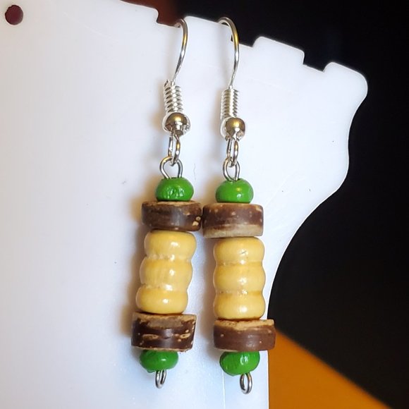 Silver Tone Hook Wood Bead Dangle Earrings Artisan